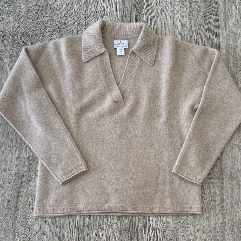 Halston Heritage V-Neck Cashmere Polo Sweater in Beige sz L